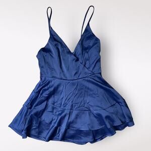 Altar’d State Navy Blue Satin Ruffled V-Neck Artesia Romper NWT‎ Size S